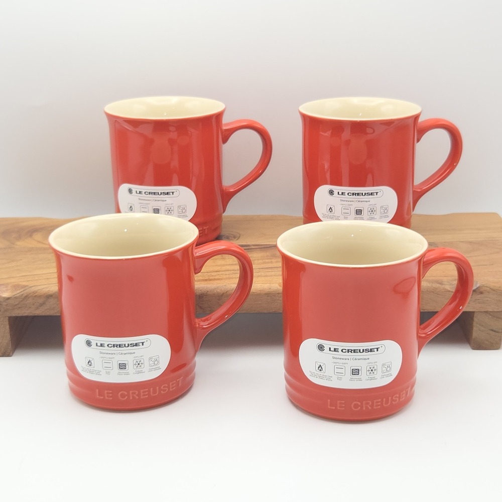 Le Creuset Stoneware Carmin Red Vancouver Coffee Mug Set of 4 Made in Thailand